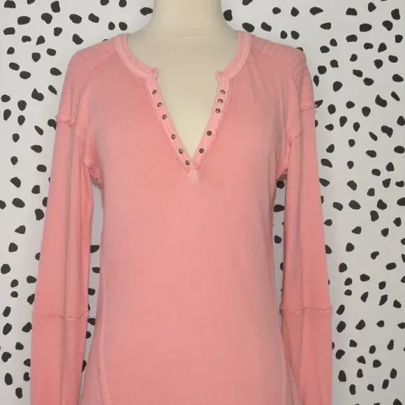 Free People Pink Military Mix Studded Henley Long Sleeve Top - Picture 5 of 12